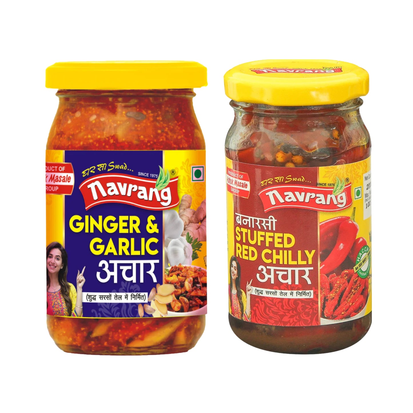 Combo of Banarsi Red Stuffed Chili Pickle 200g  -  Ginger & Garlic Mixed Pickle 200g